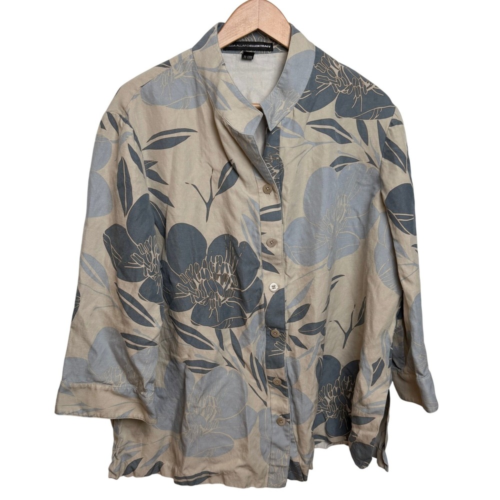 Linda Allard Ellen Tracy Shirt Floral Linen Silk 20 Tan Blue Coastal Grandma